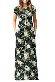 DEARCASE Maxi Dress for Women Black Medium Crewneck Short Sleeves Wedding Guest A-line Casual Party Vintage Spring Summer Beach Long Dresses with Pockets