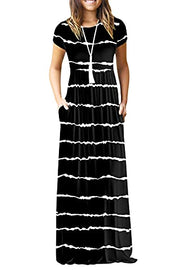 DEARCASE Maxi Dress for Women Black Medium Crewneck Short Sleeves Wedding Guest A-line Casual Party Vintage Spring Summer Beach Long Dresses with Pockets