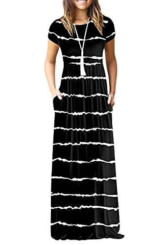 DEARCASE Maxi Dress for Women Black Medium Crewneck Short Sleeves Wedding Guest A-line Casual Party Vintage Spring Summer Beach Long Dresses with Pockets