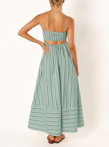 chouyatou Women's Striped Back Smocked Maxi Dress Sexy Spaghetti Strap Cut Out Flowy Swing Long Dress (Small, Apricot)