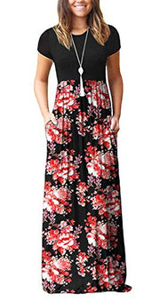 DEARCASE Maxi Dress for Women Black Medium Crewneck Short Sleeves Wedding Guest A-line Casual Party Vintage Spring Summer Beach Long Dresses with Pockets