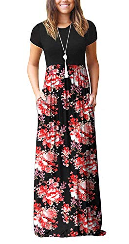 DEARCASE Maxi Dress for Women Black Medium Crewneck Short Sleeves Wedding Guest A-line Casual Party Vintage Spring Summer Beach Long Dresses with Pockets