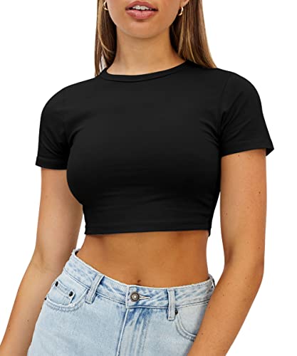 WYNNQUE Womens Crop Tops Cute Summer Scoop Neck Basic Tees Slim Fit Trendy Short Sleeve T Shirts for Teen Girls 2025