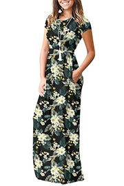 DEARCASE Maxi Dress for Women Black Medium Crewneck Short Sleeves Wedding Guest A-line Casual Party Vintage Spring Summer Beach Long Dresses with Pockets