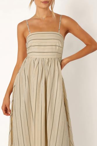chouyatou Women's Striped Back Smocked Maxi Dress Sexy Spaghetti Strap Cut Out Flowy Swing Long Dress (Small, Apricot)