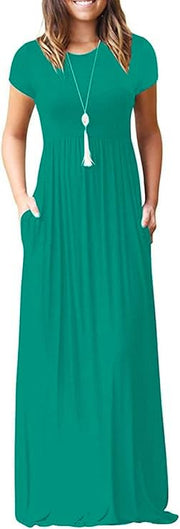 DEARCASE Maxi Dress for Women Black Medium Crewneck Short Sleeves Wedding Guest A-line Casual Party Vintage Spring Summer Beach Long Dresses with Pockets