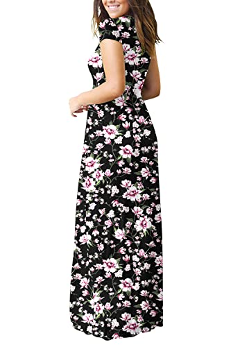 DEARCASE Maxi Dress for Women Black Medium Crewneck Short Sleeves Wedding Guest A-line Casual Party Vintage Spring Summer Beach Long Dresses with Pockets