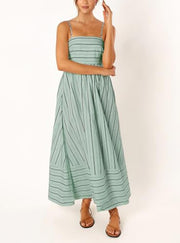 chouyatou Women's Striped Back Smocked Maxi Dress Sexy Spaghetti Strap Cut Out Flowy Swing Long Dress (Small, Apricot)