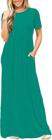 DEARCASE Maxi Dress for Women Black Medium Crewneck Short Sleeves Wedding Guest A-line Casual Party Vintage Spring Summer Beach Long Dresses with Pockets