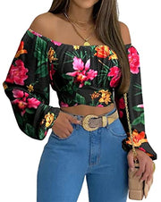 MIRACMODA Woman Off Shoulder Ruched Tie Back Crop Top Summer Lantern Sleeve Boho Shirt Blouse