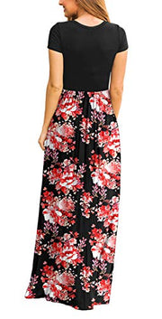 DEARCASE Maxi Dress for Women Black Medium Crewneck Short Sleeves Wedding Guest A-line Casual Party Vintage Spring Summer Beach Long Dresses with Pockets