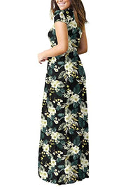 DEARCASE Maxi Dress for Women Black Medium Crewneck Short Sleeves Wedding Guest A-line Casual Party Vintage Spring Summer Beach Long Dresses with Pockets