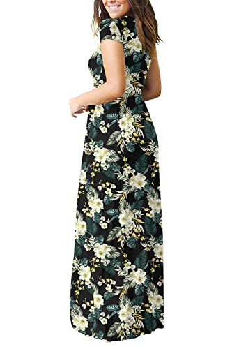 DEARCASE Maxi Dress for Women Black Medium Crewneck Short Sleeves Wedding Guest A-line Casual Party Vintage Spring Summer Beach Long Dresses with Pockets