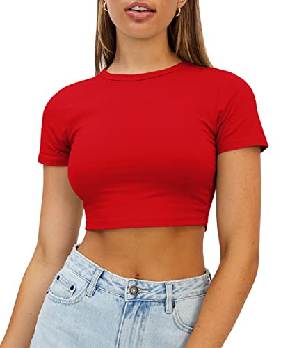 WYNNQUE Womens Crop Tops Cute Summer Scoop Neck Basic Tees Slim Fit Trendy Short Sleeve T Shirts for Teen Girls 2025