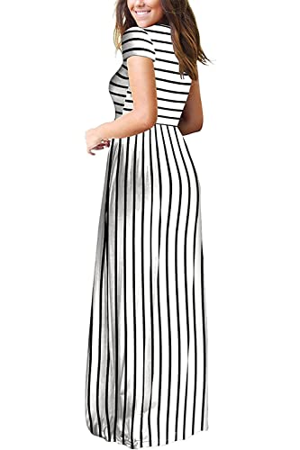 DEARCASE Maxi Dress for Women Black Medium Crewneck Short Sleeves Wedding Guest A-line Casual Party Vintage Spring Summer Beach Long Dresses with Pockets