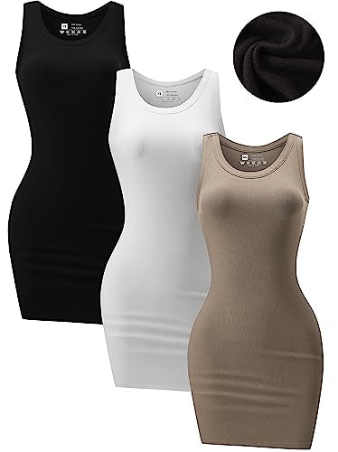 3 Piece Womens Summer Ribbed Tank Dress Scoop Neck Sleeveless Tank Top Dresses Basic Bodycon Mini Dress