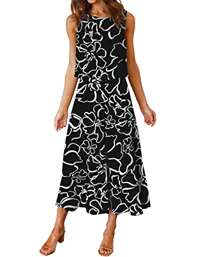 ROYLAMP Women's Summer 2 Piece Outfits Round Neck Crop Basic Top Cropped Wide Leg Pants Set Jumpsuits