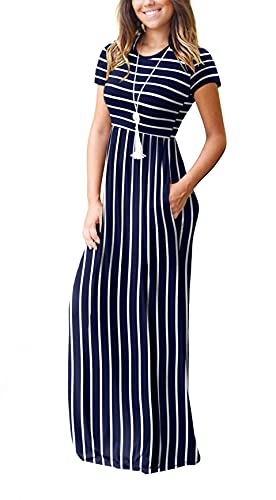 DEARCASE Maxi Dress for Women Black Medium Crewneck Short Sleeves Wedding Guest A-line Casual Party Vintage Spring Summer Beach Long Dresses with Pockets