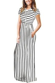 DEARCASE Maxi Dress for Women Black Medium Crewneck Short Sleeves Wedding Guest A-line Casual Party Vintage Spring Summer Beach Long Dresses with Pockets