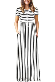 DEARCASE Maxi Dress for Women Black Medium Crewneck Short Sleeves Wedding Guest A-line Casual Party Vintage Spring Summer Beach Long Dresses with Pockets