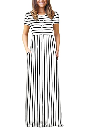 DEARCASE Maxi Dress for Women Black Medium Crewneck Short Sleeves Wedding Guest A-line Casual Party Vintage Spring Summer Beach Long Dresses with Pockets