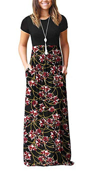 DEARCASE Maxi Dress for Women Black Medium Crewneck Short Sleeves Wedding Guest A-line Casual Party Vintage Spring Summer Beach Long Dresses with Pockets