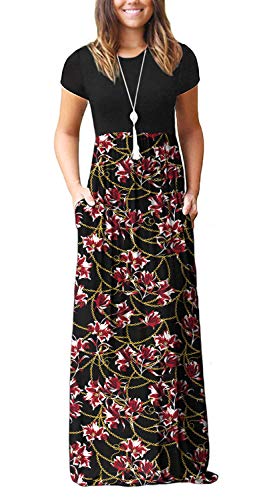DEARCASE Maxi Dress for Women Black Medium Crewneck Short Sleeves Wedding Guest A-line Casual Party Vintage Spring Summer Beach Long Dresses with Pockets