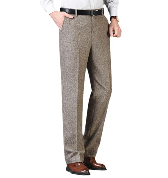 Men's Classic Fit Wool Plaid Dress Pants Double Pleated Loose Trousers High Waisted(LSBT 42)