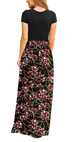 DEARCASE Maxi Dress for Women Black Medium Crewneck Short Sleeves Wedding Guest A-line Casual Party Vintage Spring Summer Beach Long Dresses with Pockets