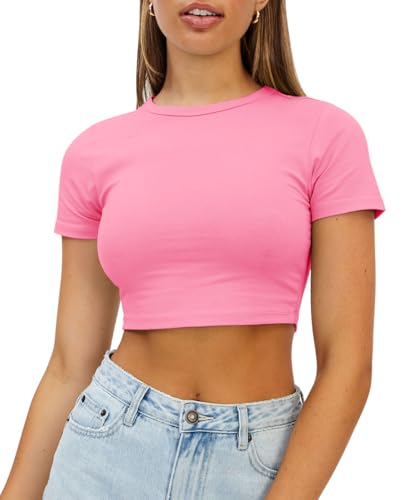 WYNNQUE Womens Crop Tops Cute Summer Scoop Neck Basic Tees Slim Fit Trendy Short Sleeve T Shirts for Teen Girls 2025