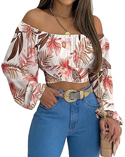 MIRACMODA Woman Off Shoulder Ruched Tie Back Crop Top Summer Lantern Sleeve Boho Shirt Blouse