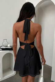 GOKATOSAU Women's Halter Deep V Neck Flowy Chiffon Bow Tie Backless Summer Mini Dress