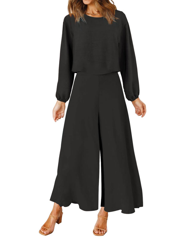 ROYLAMP Women's Summer 2 Piece Outfits Round Neck Crop Basic Top Cropped Wide Leg Pants Set Jumpsuits