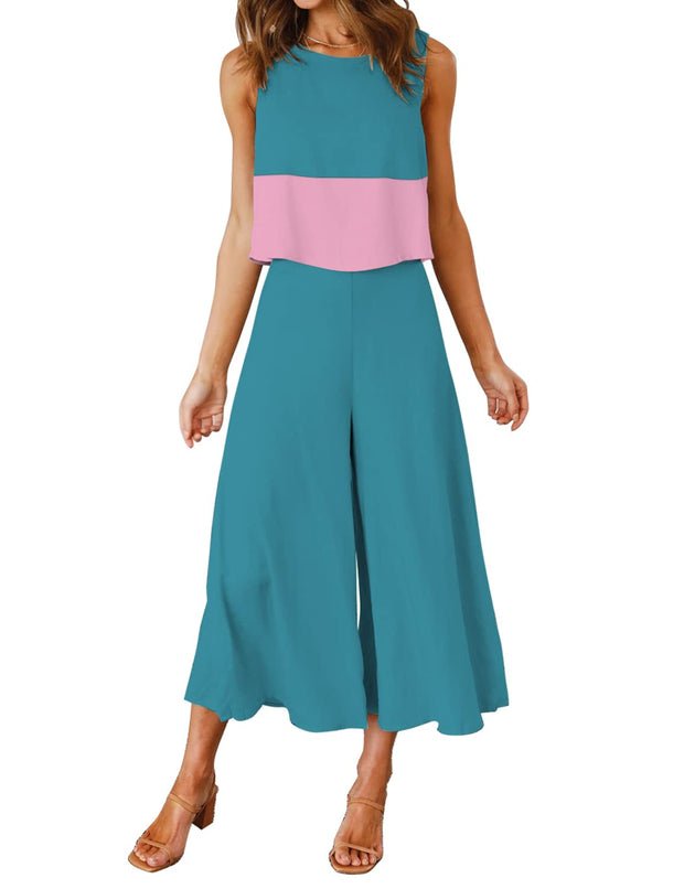 ROYLAMP Women's Summer 2 Piece Outfits Round Neck Crop Basic Top Cropped Wide Leg Pants Set Jumpsuits