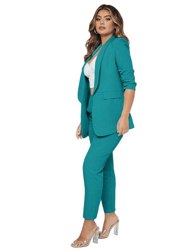 SweatyRocks Women's 2 Piece Solid Ruched Sleeve Blazer and Pants Business Office Suit Set