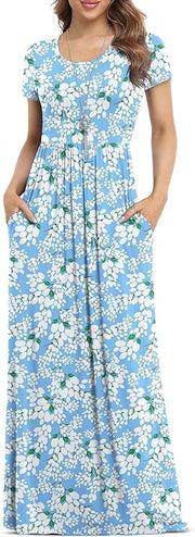 DEARCASE Maxi Dress for Women Black Medium Crewneck Short Sleeves Wedding Guest A-line Casual Party Vintage Spring Summer Beach Long Dresses with Pockets