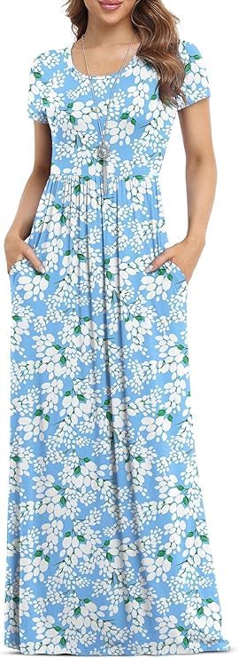 DEARCASE Maxi Dress for Women Black Medium Crewneck Short Sleeves Wedding Guest A-line Casual Party Vintage Spring Summer Beach Long Dresses with Pockets