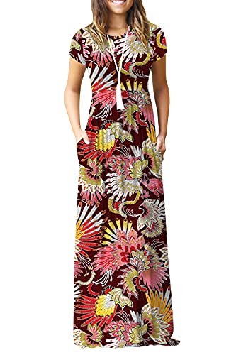 DEARCASE Maxi Dress for Women Black Medium Crewneck Short Sleeves Wedding Guest A-line Casual Party Vintage Spring Summer Beach Long Dresses with Pockets