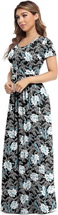 DEARCASE Maxi Dress for Women Black Medium Crewneck Short Sleeves Wedding Guest A-line Casual Party Vintage Spring Summer Beach Long Dresses with Pockets