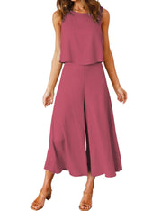 ROYLAMP Women's Summer 2 Piece Outfits Round Neck Crop Basic Top Cropped Wide Leg Pants Set Jumpsuits