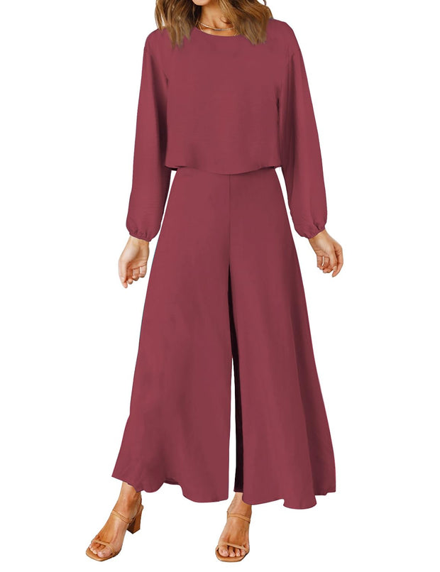 ROYLAMP Women's Summer 2 Piece Outfits Round Neck Crop Basic Top Cropped Wide Leg Pants Set Jumpsuits