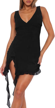 Women Sleeveless Sexy V Neck Bodycon Mini Dress Summer Side Slit Mesh Irregular Ruffle Hem Backless Short Dress