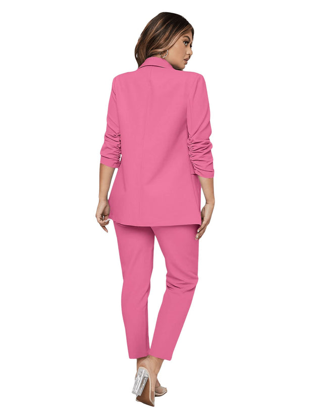 SweatyRocks Women's 2 Piece Solid Ruched Sleeve Blazer and Pants Business Office Suit Set