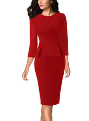 VFSHOW Womens Pleated Crew Neck Peplum Work Business Office Bodycon Pencil Sheath Dress