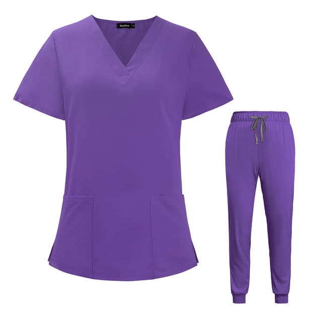 VIAOLI Scrubs for Women Set V-Neck Pocket Top & Drawstring Jogger Scrub Pants Stretch Nursing Scrubs Set Uniform