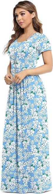 DEARCASE Maxi Dress for Women Black Medium Crewneck Short Sleeves Wedding Guest A-line Casual Party Vintage Spring Summer Beach Long Dresses with Pockets