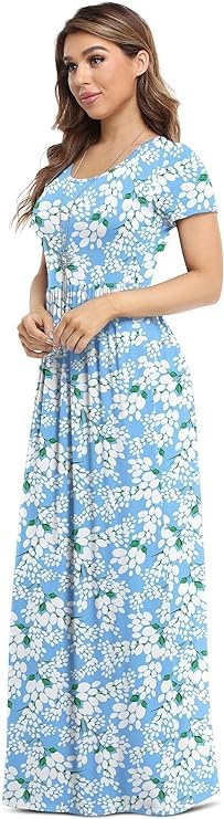 DEARCASE Maxi Dress for Women Black Medium Crewneck Short Sleeves Wedding Guest A-line Casual Party Vintage Spring Summer Beach Long Dresses with Pockets