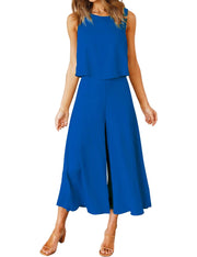 ROYLAMP Women's Summer 2 Piece Outfits Round Neck Crop Basic Top Cropped Wide Leg Pants Set Jumpsuits