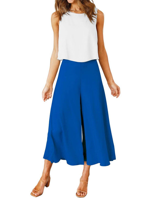ROYLAMP Women's Summer 2 Piece Outfits Round Neck Crop Basic Top Cropped Wide Leg Pants Set Jumpsuits