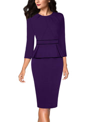 VFSHOW Womens Pleated Crew Neck Peplum Work Business Office Bodycon Pencil Sheath Dress